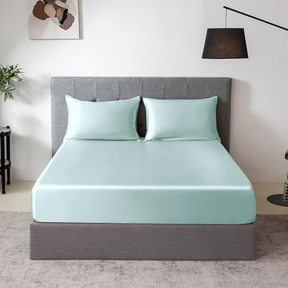 THXSILK 100% Mulberry Silk Fitted Sheet Set, 7A+ Silk 3 Pieces Bed Sheets, Breathable, Smooth, 16 Inch Deep Pocket Fitted Sheet, 2 Pillowcases - Light Blue, King