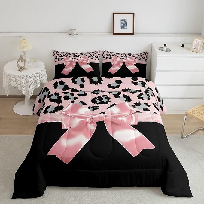 jejeloiu Pink Silk Bowknot Duvet Cover King Size Grey Leopard Bedding Set for Kids Girls Women Black Pink Comforter Cover Set Sweet Romantic Bedspread Cover 3Pcs