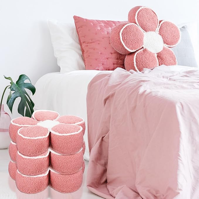Menkxi 2 Pack Flower Pillows Cute Flower Shaped Pillows Daisy Pillow Throw Soft Floor Cushion for Living Room Bedroom Sofa Couch Winter Warm Decoration 15.7 Inch(Pink)
