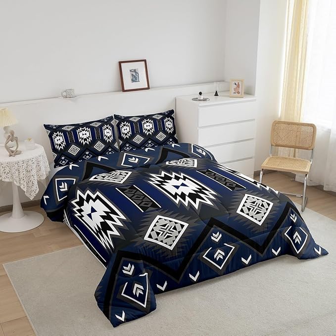 Feelyou Navy Blue Western Comforter Set Southwest Native Tribal Bedding Set Twin Size for Kids Boys Girls Teens Room Decor Boho Geometric West Comforter Soft Microfiber
