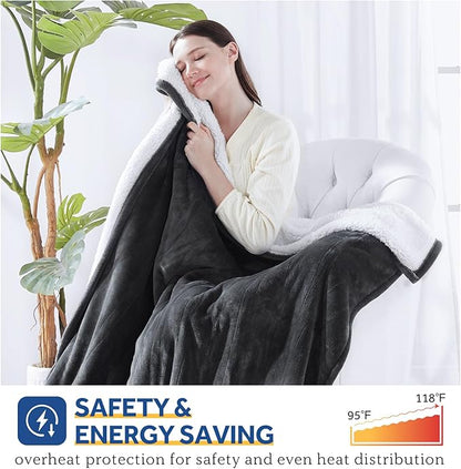 Sealy Electric Blanket with Foot Pocket for Adults, Flannel & Sherpa Heated Blanket Throw with 6 Heating Levels & 2-10 Hours Auto Shut Off, Fast Heating & Machine Washable, 50x62 Inch, Dark Grey