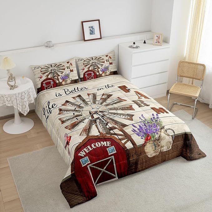 Erosebridal Western Farmhouse Quilt Bedding Sets Full Country Rustic Comforter Set for Cabin Lodge Cardinal Barn Lavender Windmill Duvet Insert Pastoral Rural Comforter 2 Pillow Cases Home Room Decor