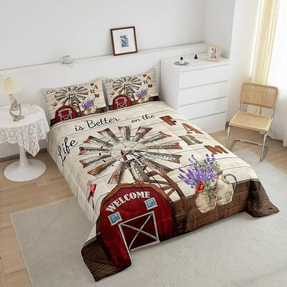 Erosebridal Western Farmhouse Quilt Bedding Sets Full Country Rustic Comforter Set for Cabin Lodge Cardinal Barn Lavender Windmill Duvet Insert Pastoral Rural Comforter 2 Pillow Cases Home Room Decor