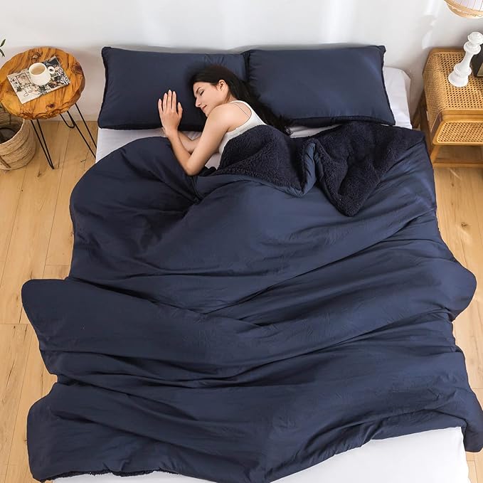 Warm Sherpa Comforter Set with Pillowshams Fleece Comforter King Size Lightweight Cozy Plush Washable Cotton Down Alternative Soft Comforter and Pillow Shams(Dark Navy Blue,King)