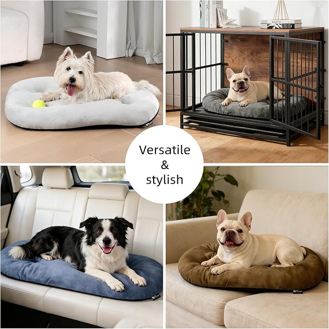 Washable Large Dog Bed 35x22 Inch - Silver Fox Faux Fur Supportive Pad, Non-Slip Bottom Durable Oval Pet Bed Indoor Outdoor for Medium Dogs Cats(Light Grey)