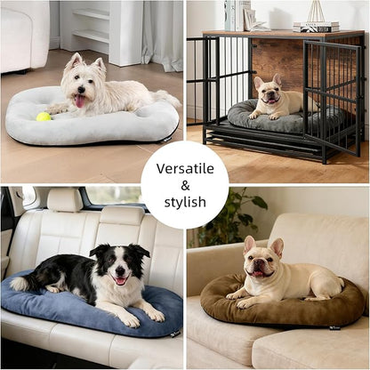 Washable Large Dog Bed 35x22 Inch - Silver Fox Faux Fur Supportive Pad, Non-Slip Bottom Durable Oval Pet Bed Indoor Outdoor for Medium Dogs Cats(Light Grey)