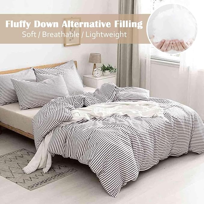 Nanko Queen Size Comforter Set, Grey and White Striped Print Pattern Soft Reversible Down Alternative Quilted Duvet Insert Bed Sets, Bedding Sets in a Bag for Women Men Teen, 90x90 3 Pcs Gray Stripe