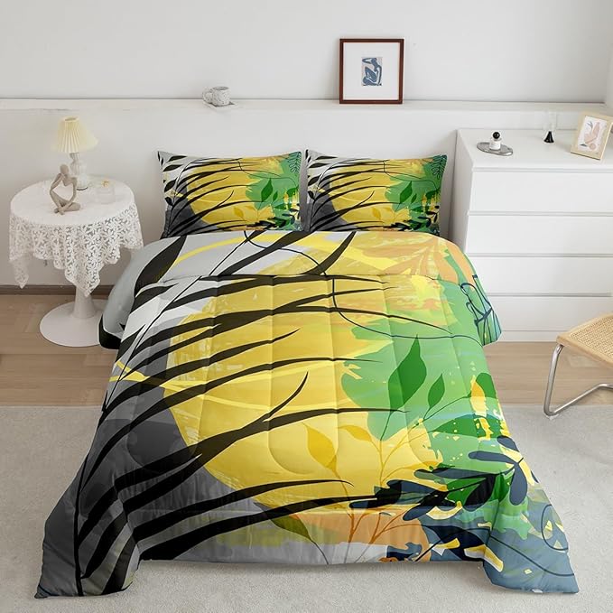 Erosebridal Minimalism Modern Bedding King Grey Black Yellow Comforter Set, Mid Century Abstract Duvet Insert Geometric Down Comforter, Aesthetic Bedding Comforter Sets Breathable Artists Gifts