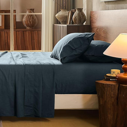 100% Linen Sheet Set Cal King Size Extra Deep Pocket Fits 18-24 Inch Mattress, Breathable & Soft, Smooth 4-Piece Set for Thick Mattresses Hotel Luxury Bedding（Cal King, Navy Grey）