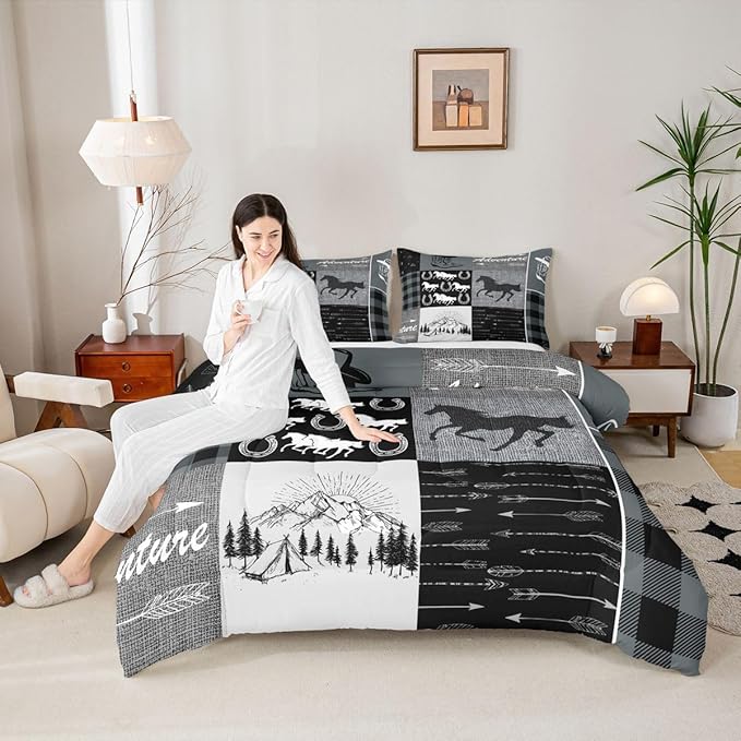 Erosebridal Southwestern Comforter Set King Size, Kids Boys Western Horse Bedding Set Retro Horseshoe Riding Boots Duvet Insert Rustic Arrow Adventure Themed Down Comforter Cabin Lodge Decor, Grey