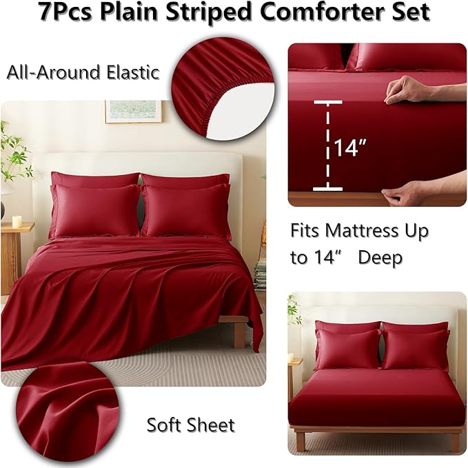 CozyLux Queen Comforter Set - 7 Pieces Bed in a Bag Dark Red Comforter Set with Sheets Luxury Bed Set All Seasons, Soft Bedding Set with Down Alternative Comforter, Sheets, Pillowcases & Shams