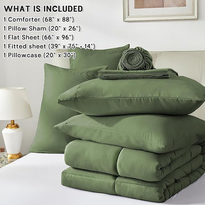 Anluoer Twin Size Bed in a Bag 5 Pieces, Olive Green Bed Comforter Set with Sheets, All Season Bedding Sets with 1 Comforter, 1 Pillow Sham, 1 Pillowcase, 1 Flat Sheet, 1 Fitted Sheet