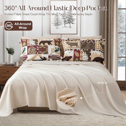 Comforter Set Queen Size Plaid Patchwork Comforter Bedding-7 Piece Bed in a Bag,Soft Reversible Bear Moose Microfiber Bedding Set(1 Comforter,1 Flat Sheet,1 Fitted Sheet,2 Pillowcases,2 Pillow Shams)