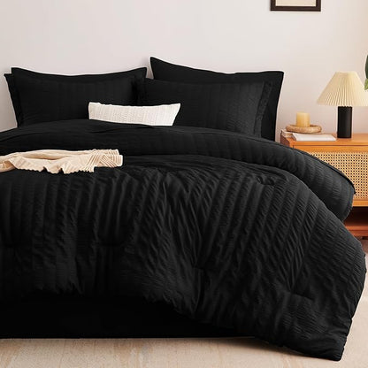 CozyLux Twin Comforter Set with Sheets Seersucker 5 Pieces, Black Bed in a Bag for Bedroom, Textured Luxury Soft Bedding Set with Down Alternative Comforter, Sheets, Pillowcase & Sham for All Seasons