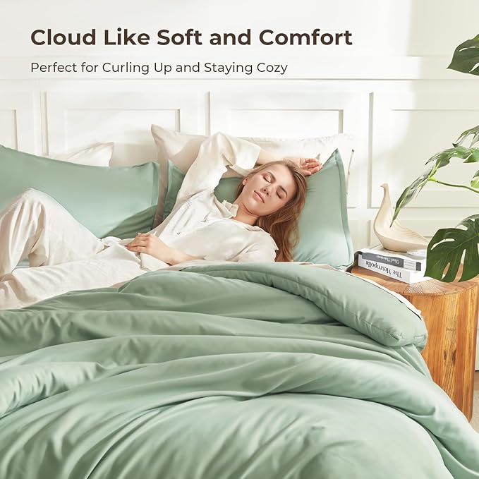 Litanika Oversized Queen Comforter Set, 3 Pieces Sage Green Lightweight Solid Bedding Comforter Set, All Season Fluffy Bed Set (98x98In Comforter & 2 Pillowcases)
