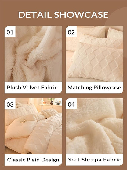 Tufted Fleece Comforter Set King - Super Soft Warm Fluffy Shaggy Bedding Sets, Diamond Plaid Jacquard Bed Set for Winter, 1 Sherpa Comforter with 2 Pillow Cases (104"X90" Ivory White)