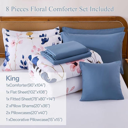 Anibedding Blue Floral Comforter Set King Size, 8 Piece Botanical Flower Bed in a Bag, Reversible Design Comforter, Soft Microfiber Complete Bedding Sets for All Season (Blue,90"x104")