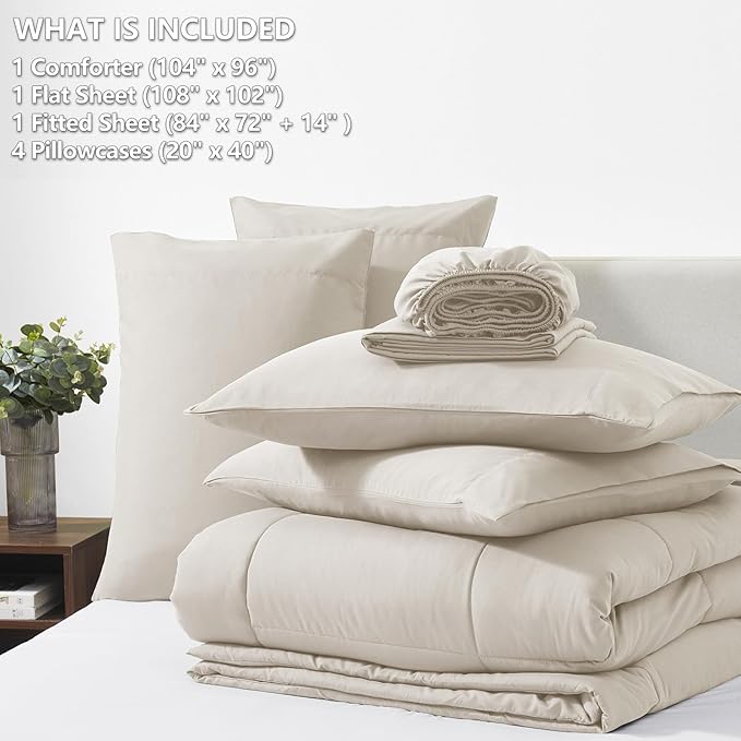 CozyLux California King Comforter Sets Beige, 7 Pieces Cal King Bed in a Bag, All Season Bedding Sets with Stitch Quilted Comforter, Flat Sheet, Fitted Sheet, Pillowcases