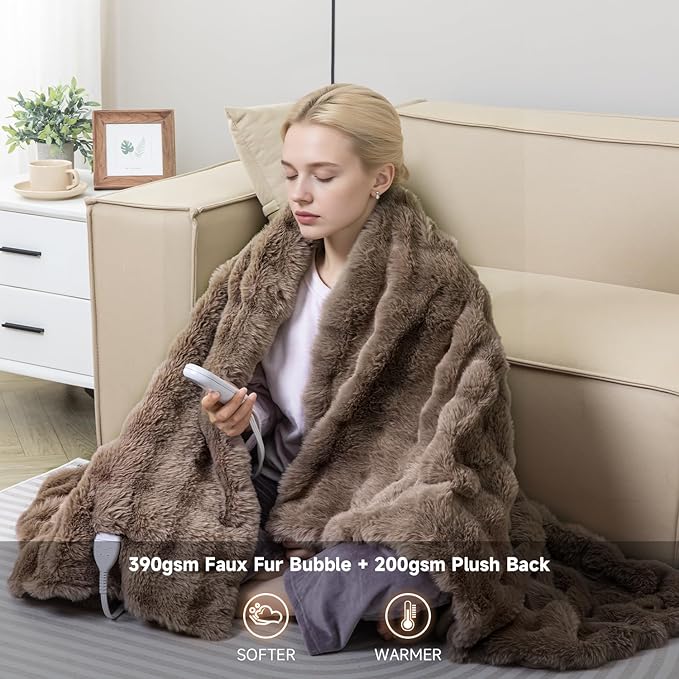 Heated Blanket Electric Throw- 50"x60" Soft Thick Bubble Electric Blanket for Sofa with 5 Heat Levels & 4 Hours Auto-Off Overheat Protection, Warm Cozy Gifts, Beige