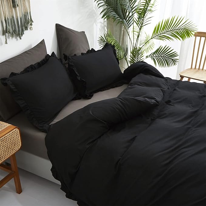 Luxlovery Black Ruffle Comforter Set Queen Farmhouse Shabby Khaki Bedding Comforter Set Full All Black Color Quilts Blankets Vintage Shabby Soft Breathable Boho Bedding Set for Queen Bed Women Men
