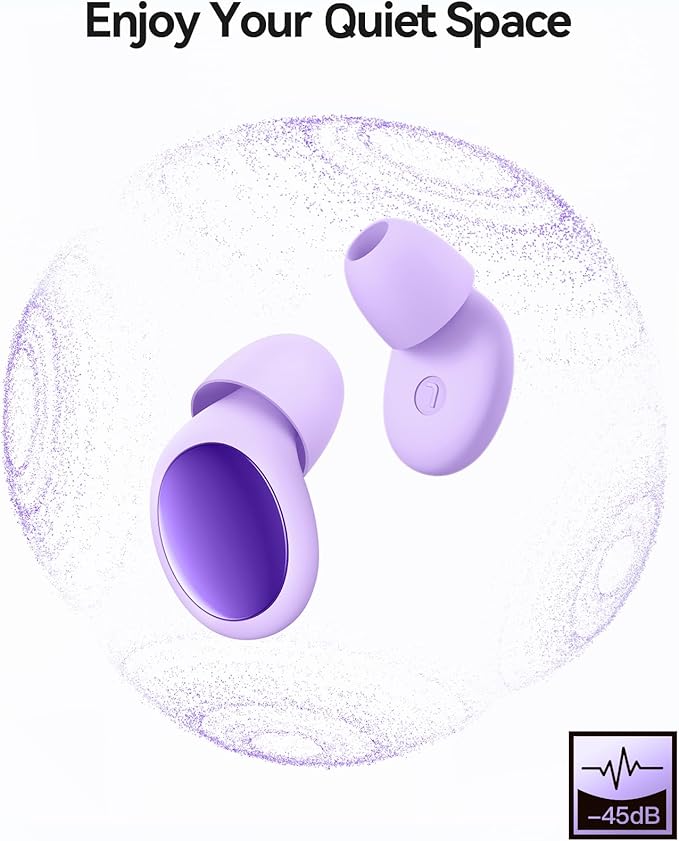 Ear Plugs for Sleeping 45dB Noise Cancelling Ear Plugs for Noise Reduction & Snoring, Concerts, Earplugs for Sleep,Sider Sleepers Airplane, Silicone Earplugs Reusable Concert Ear Plug+8Tip Pale Violet