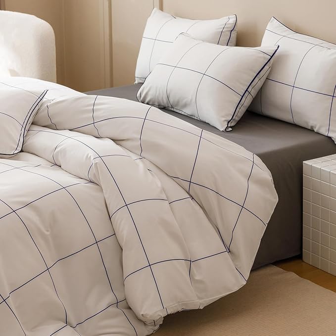 KAREVER White Grid Comforter Twin Boys Grils Navy Blue Square Lines Checkered Bedding Set Twin White Plaid Comforter Twin Size