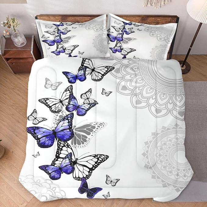 Queen Size Comforter Set with 2 Pillowcases, Summer Spring Purple Butterfly 3 Pcs Bedding for Kids and Adults, Abstract Circular Mandala Floral Soft Comforter Set for Bedroom Bed Decor