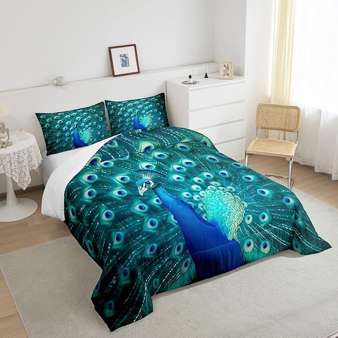 Erosebridal Peacock Bedding Set Queen Size Teal Cute Animal Pattern Comforter Set Peacock Feather Printed Decor Duvet Filler Adult Women Soft Quilted Duvet