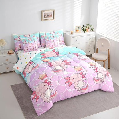 Feelyou Twin Size Cute Pink Axolotl Bed in a Bag Boys Girls Cartoon Salamander Comforter Set with Sheets for Kids Ultra Soft Fish Scales 7 Piece Bedding Set Rainbow Room Decor Breathable Soft