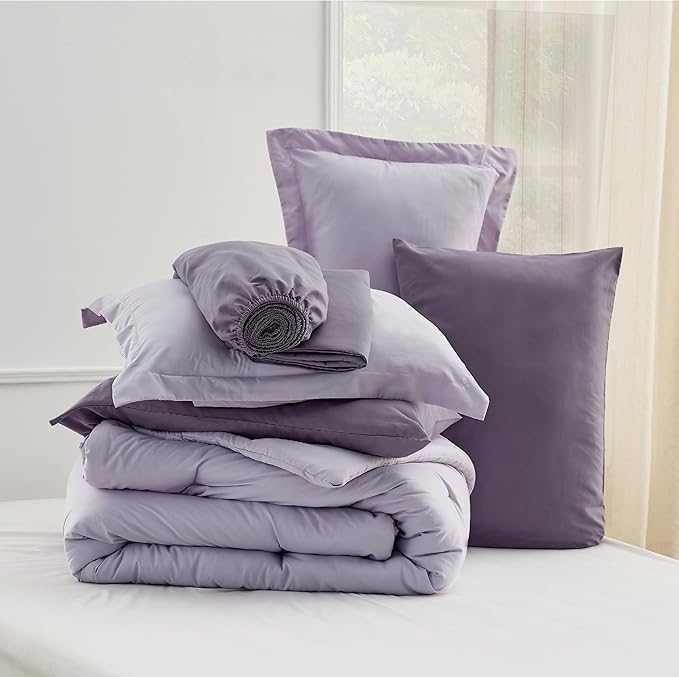 Bedsure Queen Comforter Set - 7 Pieces Lavender Queen Bedding Set for All Seasons, Boho Contrasting Design Bed in a Bag with Comforter, Sheets, Pillowcases & Shams