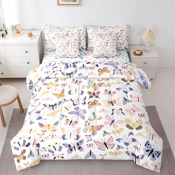 Feelyou Pretty Butterfly 7 Piece Bedding Set Colorful Butterfly Comforter Set with Sheets for Kids Boys Girls Artwork Butterflies Bed in a Bag Animal Theme Bed Set Soft Lightweight