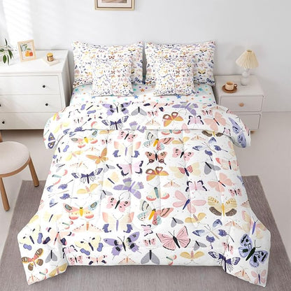 Feelyou Pretty Butterfly 7 Piece Bedding Set Colorful Butterfly Comforter Set with Sheets for Kids Boys Girls Artwork Butterflies Bed in a Bag Animal Theme Bed Set Soft Lightweight