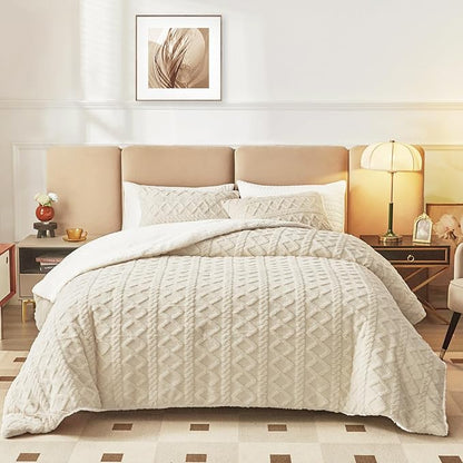 Joyreap 3-Piece Fluffy Faux Fur Sherpa Comforter Set Beige, Twin Size Luxury Tufted Bedding Comforter Set, All Season Soft n Cozy Plush Comforter Bed Set- 68x86 inches