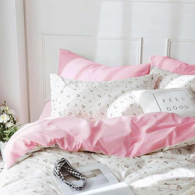 Nanko Pink Floral Comforter Set Full Size, 3pc White Farmhouse Flowers Leaves Botanical Pattern Microfiber Comforter Set, All Season Soft & Lightweight Reversible Comforter for Women Girl 80"x90"