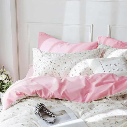 Nanko Pink Floral Comforter Set Full Size, 3pc White Farmhouse Flowers Leaves Botanical Pattern Microfiber Comforter Set, All Season Soft & Lightweight Reversible Comforter for Women Girl 80"x90"