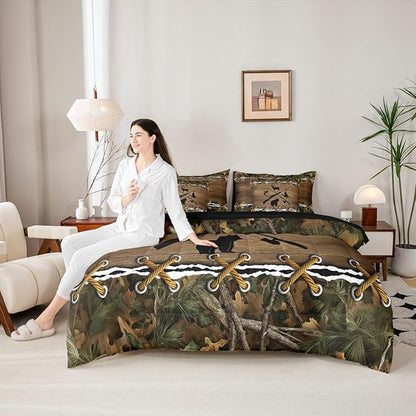 Hunting Comforter Set King Size Comforter Set with Sheets | Bass Fish Duck Bear Deer 7 Piece Bedding Sets Camo Country Fishing Bed in a Bag, Farmhouse Woodland Animals Room Decor,Rustic Cabin Decor