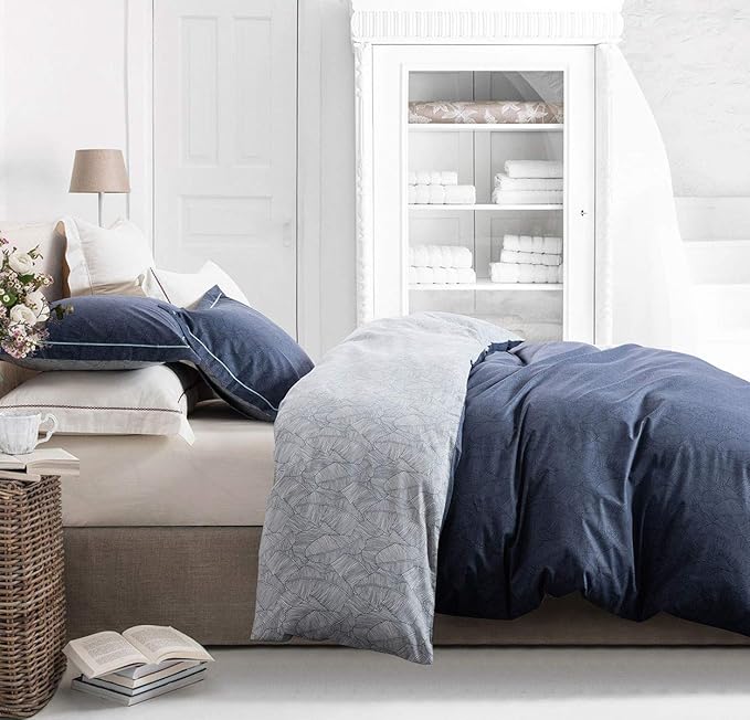 SLEEPBELLA Comforter King Size, 600 Thread Count Cotton Navy & Grey Leaves Reveisible Comforter Sets, Down Alternative Bedding Set 3Pcs(King, Navy&Blue Leaves)