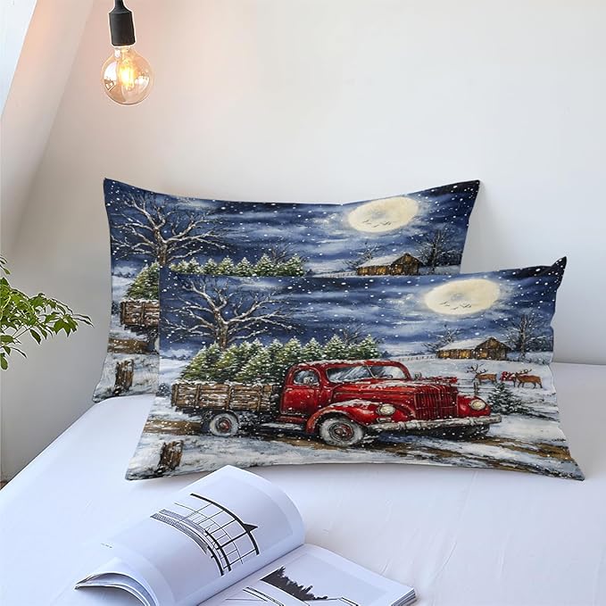 Red Truck Comforter Set Queen Size, Blue White Xtmas Trees Bedding Set for Kids Girls, Moon Snowflake Holiday Decor Comforter,3Pcs Soft Warm Bed Set with 2 Pillowcases(90 * 90)