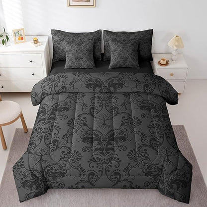 Erosebridal Gothic Damask Bed in a Bag King Size Comforter Set 7 Pieces,Sun Moon Tree of Life Bedding Sets Black Grey Victorian Floral Goth Sheet Set with Comforter