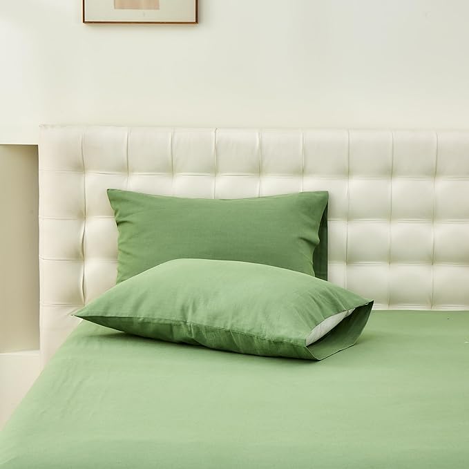 Simple&Opulence Belgian Linen Sheet Set Solid Color - 3 Pieces (1 Flat Sheet & 1 Fitted Sheet & 1 Pillowcase) Natural Flax Cotton Blend Soft Bedding Breathable Farmhouse - Khaki Green, Twin Size