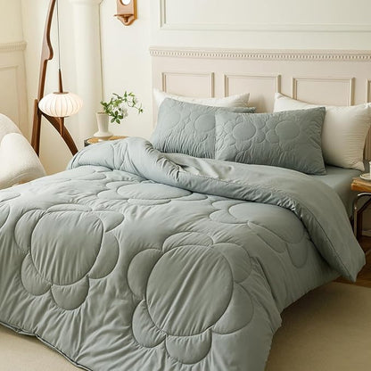 CLOTHKNOW Grayish Blue Comforter Set Twin/Twin XL 3Pcs Daisy Puff Bedding Comforter Sets Dusty Blue Twin Comforter Boho Comforter Bedding Sets