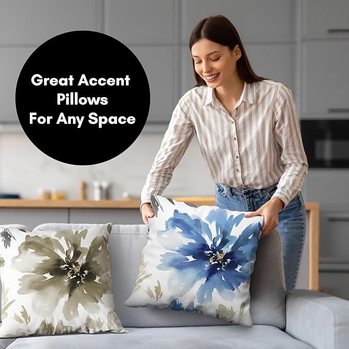 Americanflat 18x18 Throw Pillow with Sewn-in Insert - All-in-One Decorative Pillows - No Cover Needed - Soft and Durable Cushion for Bed or Sofa - Polyester - White and Indigo