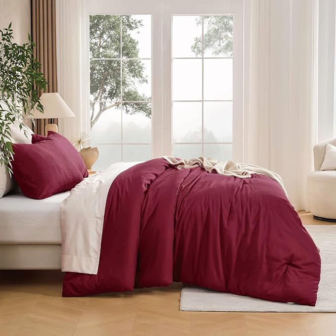 Andency Burgundy Queen Size Comforter Set, 3 Pieces Boho Solid Bedding Comforters & Sets, Modern Reversible Soft Lightweight All Season Bed Set for Men Women (90x90Inch Comforter & 2 Pillowcases)