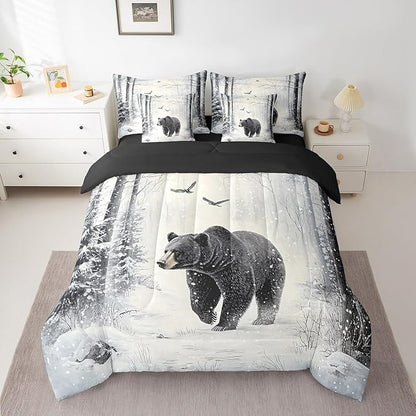 Erosebridal Black Bear Comforter Sets with Sheets, Forest Bear Bedding Set King for Boys Girls Snow Winter Theme 7Pcs Bed in A Bag Wild Animal Bed Set