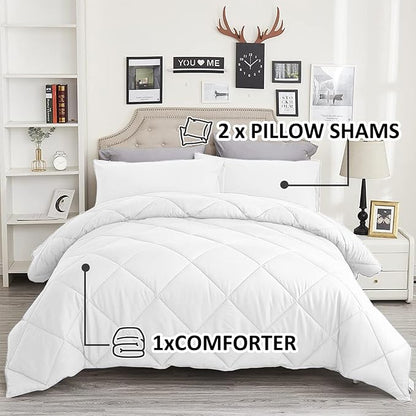 Twin Comforter Set White - 3 Pieces Luxury Soft and Lightweight Down Alternative Bedding Set Fluffy Blanket Quilt for All Season 1 Comforter(68"×86") & 1 Pillow Sham(20"×26")