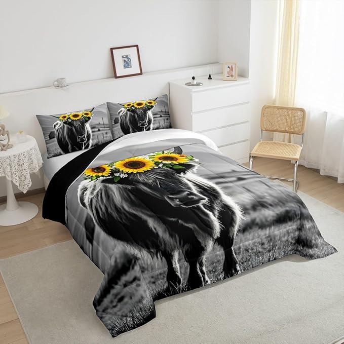 Highland Cow Comforter Set Queen Size for Adult Women Sunflower Cow Print Down Comforter Farmhouse Wild Animal Cows with Gray Fur Quilted Duvet Decor 3 Pcs Bedding ,1 Duvet Cover + 2 Pillowcases