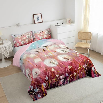 Dandelion Kids Comforter Twin,Botanical Leaves Plants Bedding Set for Girls Youth Bedroom Decor,Pink Gradient Sky Reversible Quilt Sets,Farmhouse Style Bedding Comforter Set,Soft Fluffy
