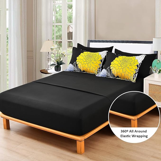 Black Yellow Comforter Set Full,Floral Bed in a Bag Comforter for All Season,7 Pieces(1 Comforter 1 Flat Sheet 1 Fitted Sheet 2 Pillowshams and 2 Pillowcases),Soft Microfiber Bedding Set 90" x78”