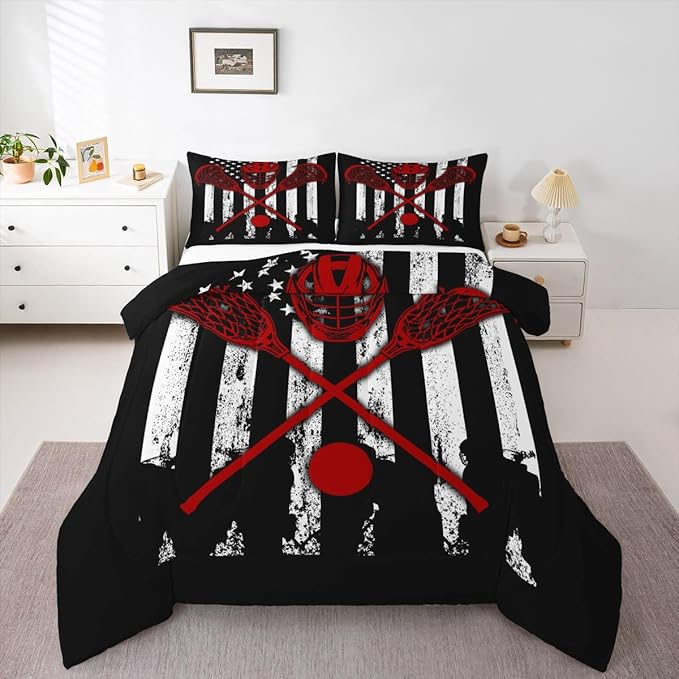Erosebridal Lacrosse Comforter Set for Teens Youth,Black White American Flag Bedding Set,Lacrosse Stick and Ball Duvet Insert King,Lacrosse Player Quilt Comforter with 2 Pillowcases Warm