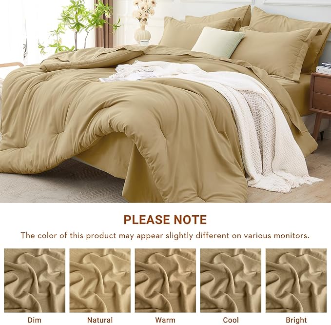 MUXHOMO 7 Pieces Full Comforter Set, Soft Bed in a Bag Full Size, All Season Bedding Set with Comforter, Flat Sheet, Fitted Sheet, Pillowcases & Shams, Khaki